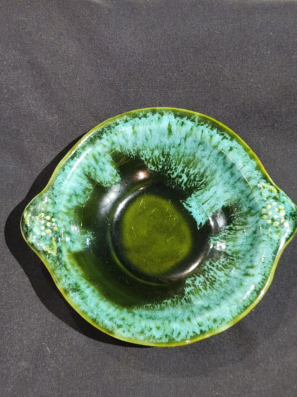 VTG 1964 Trinket Dish Drip Glaze Green Teal Artist Signed 5x4 MCM